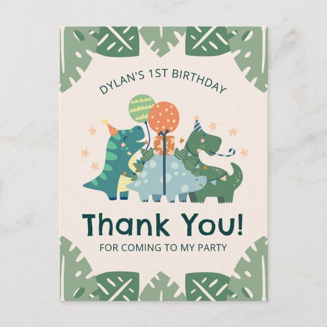 Postal Cute dinosaurios fiesta de cumpleaños de niños gra (Anverso)