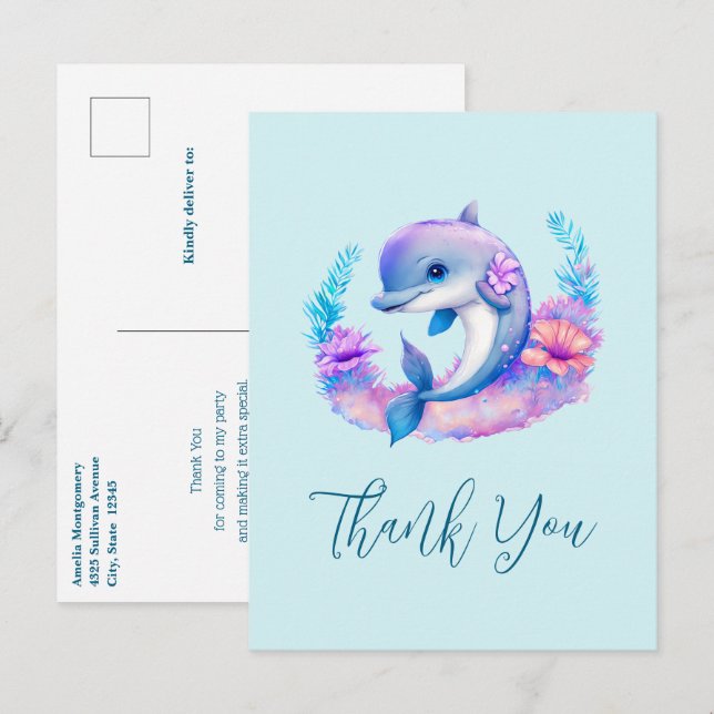 Postal Cute Dolphin Sea Creature Gracias (Anverso / Reverso)