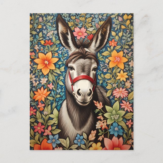 Postal Cute Donkey On Colorful Floral Background (Anverso)