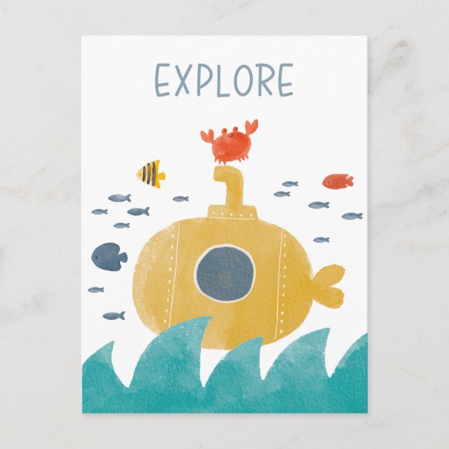 Postal Cute Doodle Submarino | Explorar (Anverso)