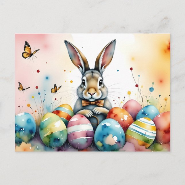 Postal Cute Easter Bunny with Colorful Painted Eggs (Anverso)