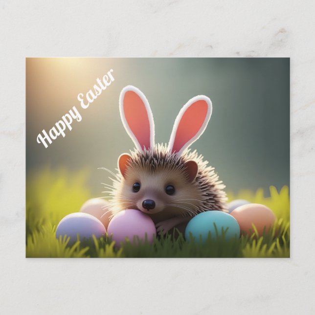 Postal Cute Easter Hedgehog with Colored Eggs (Anverso)