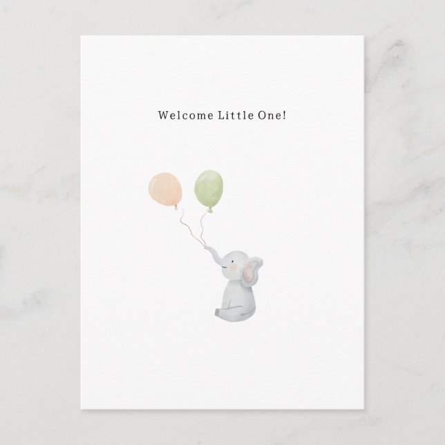 Postal Cute Elephant And Balloons Welcome New Baby Card. (Anverso)