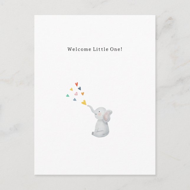 Postal Cute Elephant And Hearts Welcome New Baby Card (Anverso)