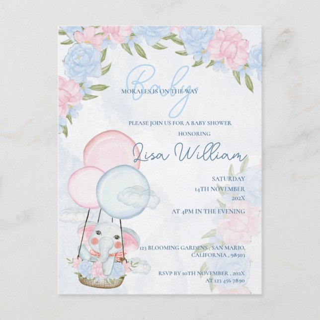 Postal Cute Elephant Balloons Pink Floral Baby Shower (Anverso)