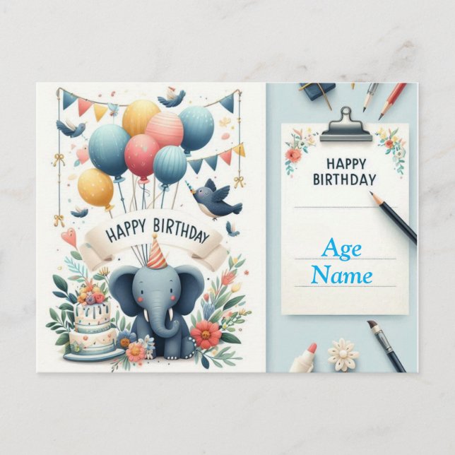 Postal Cute Elephant Happy Birday Card - Globos (Anverso)