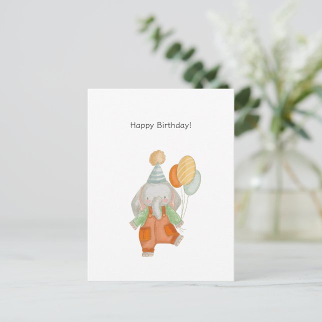 Postal Cute Elephant With Balloons Happy Birthday Card (Anverso de pie)