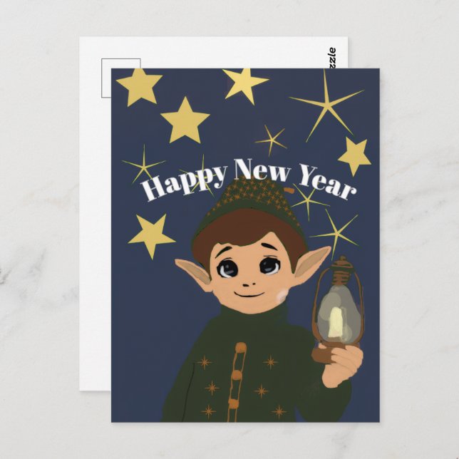 Postal Cute Elf Watcher Starry Night Happy New Year Postc (Anverso / Reverso)