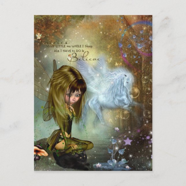 Postal Cute Fantasía Hada y Pegasus Creen Cita (Anverso)