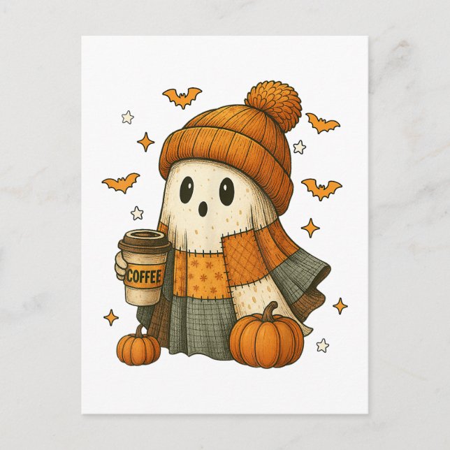 Postal Cute fantasma bebiendo café Halloween (Anverso)