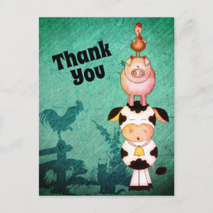Postal Cute Farm Animals Cow, Pigs and Roosters Gracias