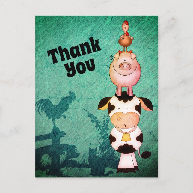 Postal Cute Farm Animals Cow, Pigs and Roosters Gracias (Anverso)