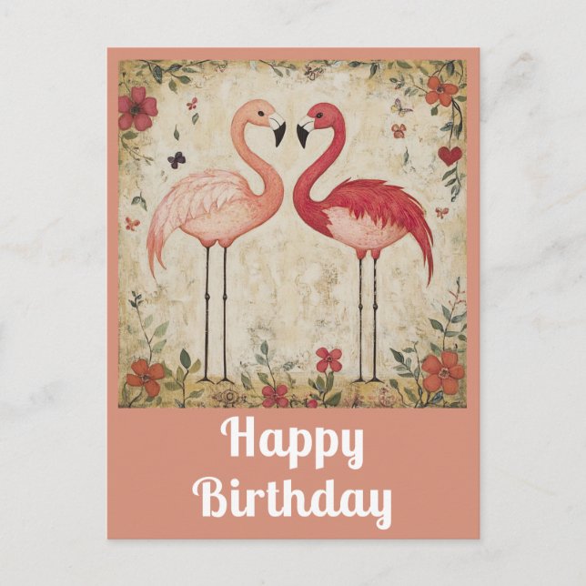 Postal Cute Feliz cumpleaños acuarela Flamingo rosa (Anverso)