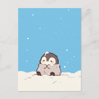 Postal Cute Fluffy Penguin in Snowy Winter Landscape