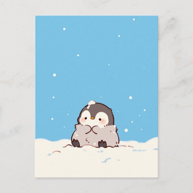 Postal Cute Fluffy Penguin in Snowy Winter Landscape (Anverso)