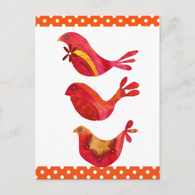 Postal Cute Folk Art Red Bird Trio Watercolor (Anverso)