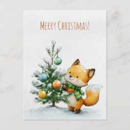 Postal Cute fox decorating a small Christmas tree,