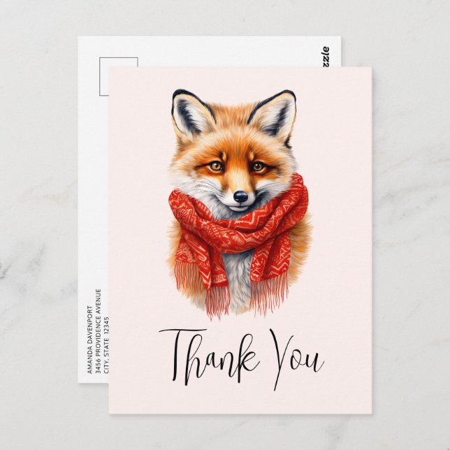 Postal Cute Fox in a Red Scarf Autumn Image Thank You (Anverso / Reverso)