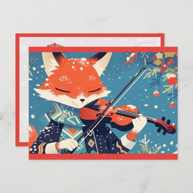 Postal Cute Fox Playing Violin (Anverso / Reverso)