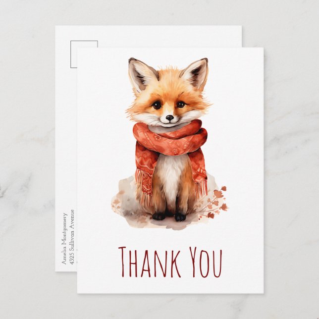 Postal Cute Fox Pup in a Red Scarf Thank You (Anverso / Reverso)