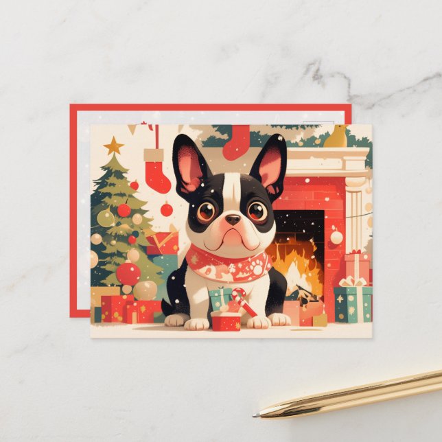 Postal Cute French Bulldog by the Christmas Fireplace (Anverso/Reverso In Situ)