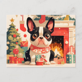 Postal Cute French Bulldog by the Christmas Fireplace