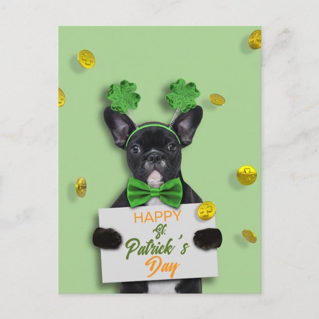 Postal Cute French Bulldog Happy St. Patrick’s Day Clover (Anverso)