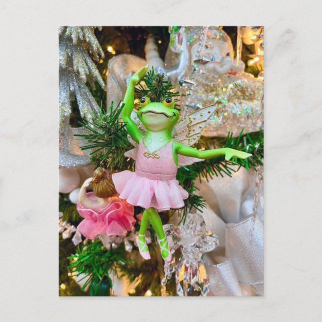 Postal Cute Frog Ballerina en árbol de Navidad (Anverso)