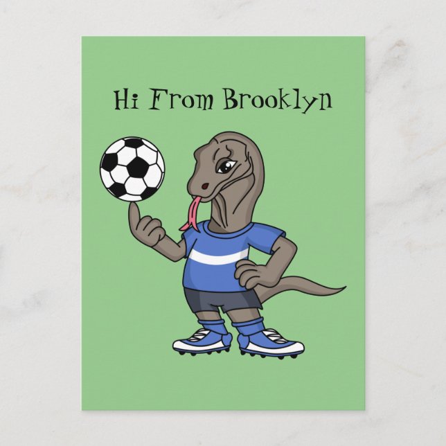 Postal Cute funny Komodo dragon playing soccer cartoon (Anverso)