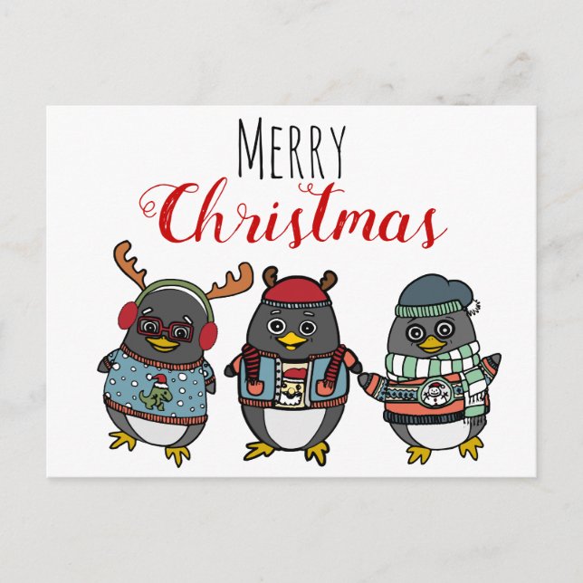 Postal Cute Funny Penguin Illustration | Merry Christmas (Anverso)