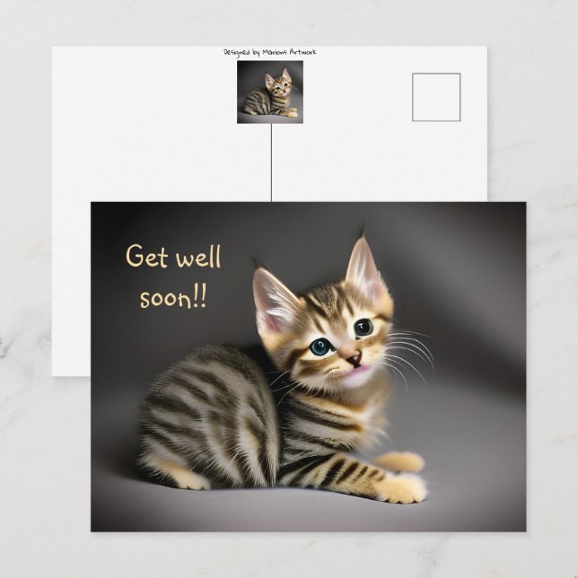 Postal Cute gato atigrado esponjoso bebé "recupérate pron (Anverso / Reverso)