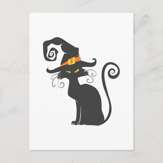 Postal Cute gato negro en un gorra de brujas - Elegir fon (Anverso)