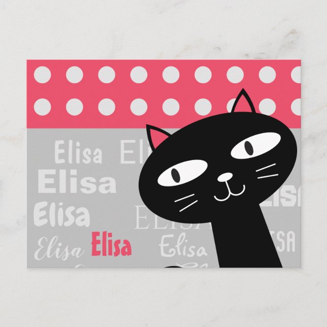 Postal Cute gato negro rosado puntos de polka agregar tu  (Anverso)