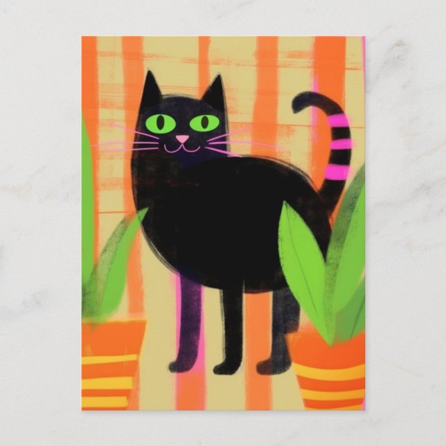 Postal Cute gato negro rosado rayado cola (Anverso)