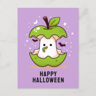 Postal Cute Ghost y Apple Purple Halloween