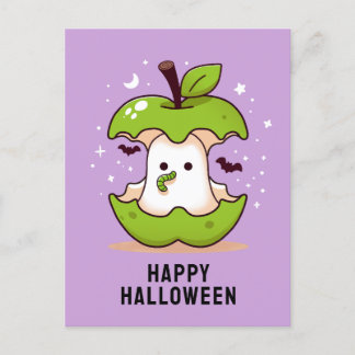 Postal Cute Ghost y Apple Purple Halloween
