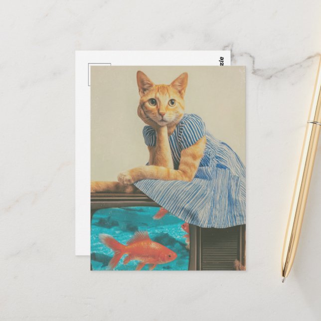 Postal Cute Ginger Cat With Goldfish Retro Collage (Anverso/Reverso In Situ)