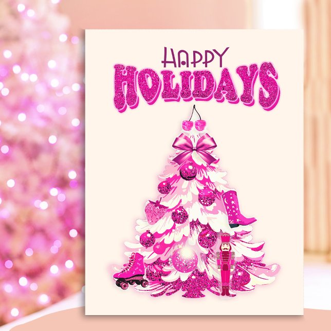 Postal Cute Girly Pink Christmas Tree Felices Fiestas (Subido por el creador)