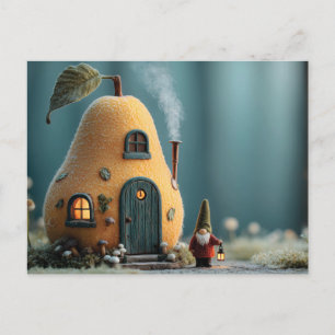 Postal Cute Gnomo parado junto a una casita de hada de pe