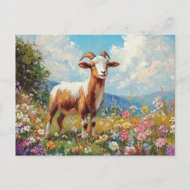 Postal Cute Goat Colorful Wildflower Meadow (Anverso)