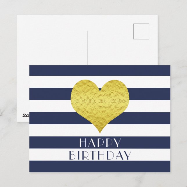 Postal Cute Gold Heart Azul y Blanco Feliz Cumpleaños  (Anverso / Reverso)