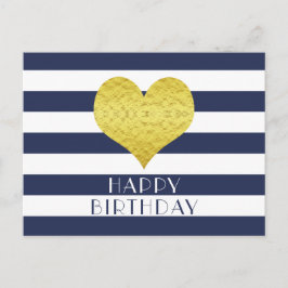 Postal Cute Gold Heart Azul y Blanco Feliz Cumpleaños 
