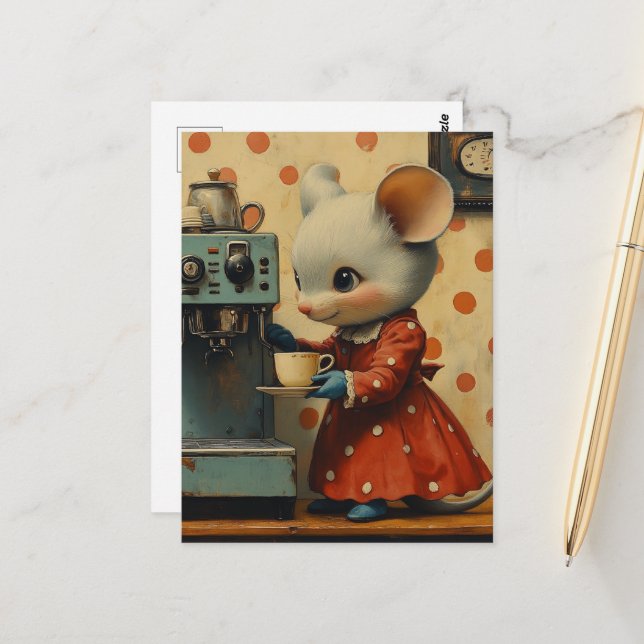 Postal Cute Gray Mouse Makes Coffee (Anverso/Reverso In Situ)