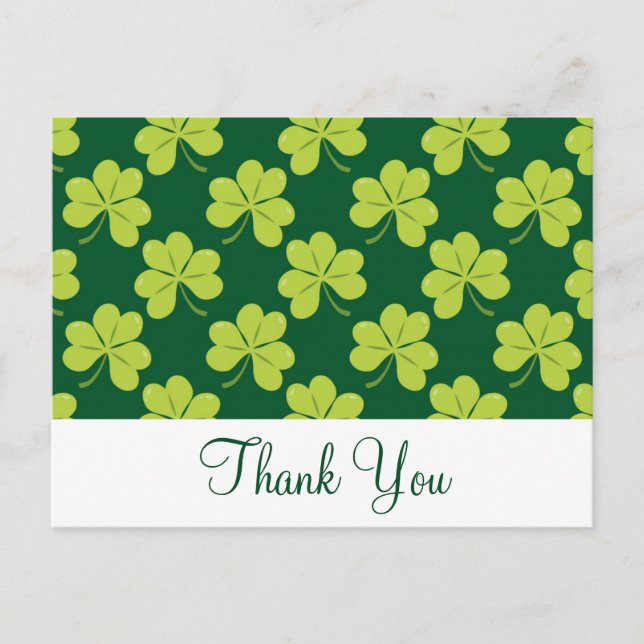 Postal Cute Green Clover Shamrock Patrón Gracias (Anverso)