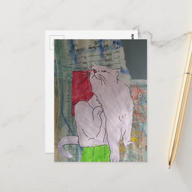 Postal Cute Grey Kitty mixed media collage (Anverso/Reverso In Situ)