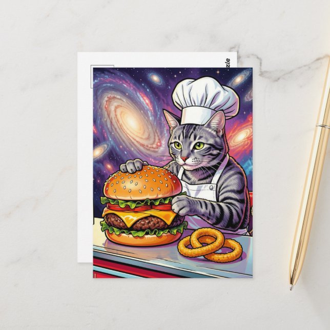 Postal Cute Grey Tabby Cat Chef Making Cheeseburger (Anverso/Reverso In Situ)