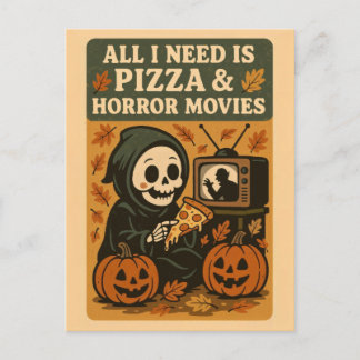 Postal Cute Grim Reaper comiendo pizza Funny Halloween