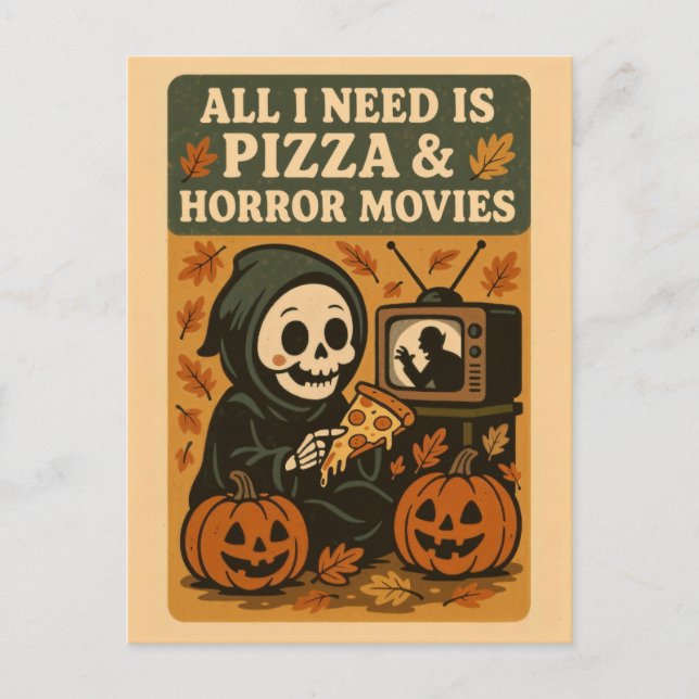 Postal Cute Grim Reaper comiendo pizza Funny Halloween (Anverso)