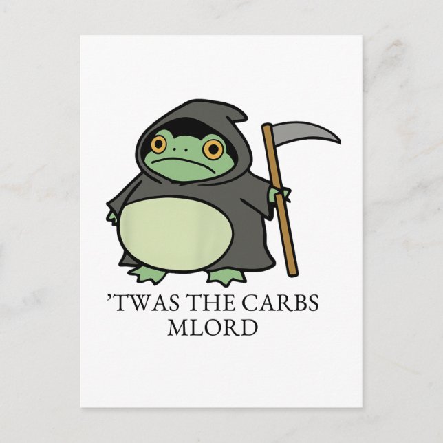 Postal Cute Grim Reaper Frog – Fue los Carbs M'Lord (Anverso)
