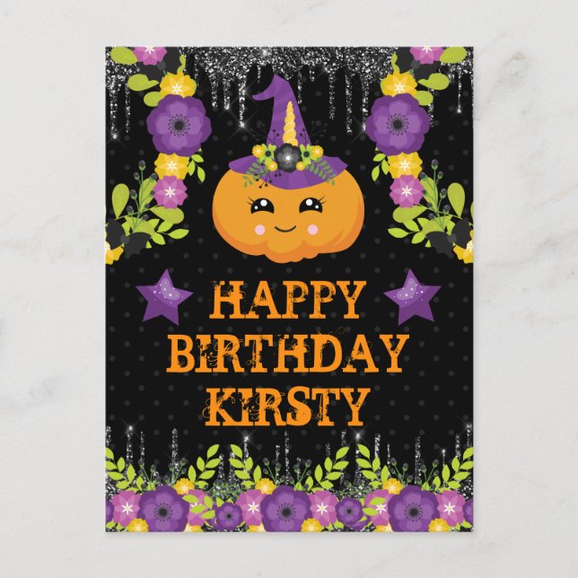 Postal Cute Halloween Calabaza Floral Feliz cumpleaños (Anverso)